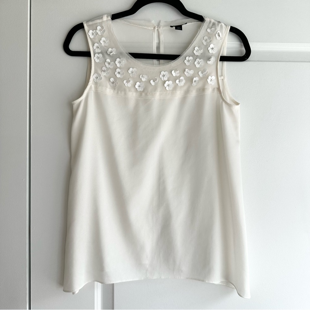 Ann Taylor Sheer Ivory White Sleeveless Blouse with Floral Beading Details